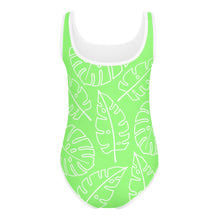 Load image into Gallery viewer, SUCCESS WIRE Lime Breeze Swimsuit for Little Girls with White Tropical Leaves (2T-7)