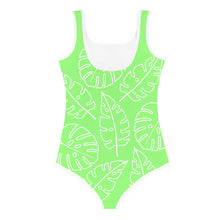 Load image into Gallery viewer, SUCCESS WIRE Lime Breeze Swimsuit for Little Girls with White Tropical Leaves (2T-7)