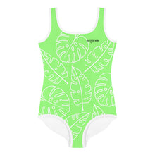 Load image into Gallery viewer, SUCCESS WIRE Lime Breeze Swimsuit for Little Girls with White Tropical Leaves (2T-7)