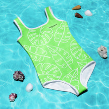 Load image into Gallery viewer, SUCCESS WIRE Lime Breeze Swimsuit for Little Girls with White Tropical Leaves (2T-7)