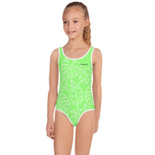 Load image into Gallery viewer, SUCCESS WIRE Lime Breeze Swimsuit for Little Girls with White Tropical Leaves (2T-7)