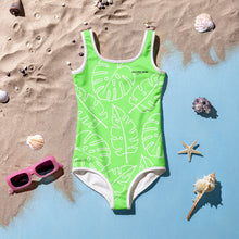 Load image into Gallery viewer, SUCCESS WIRE Lime Breeze Swimsuit for Little Girls with White Tropical Leaves (2T-7)