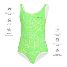 Load image into Gallery viewer, SUCCESS WIRE Lime Breeze Swimsuit for Little Girls with Pastel Tropical Leaves (2T-7)