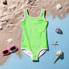 Load image into Gallery viewer, SUCCESS WIRE Lime Breeze Swimsuit for Little Girls with Pastel Tropical Leaves (2T-7)