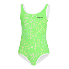 Load image into Gallery viewer, SUCCESS WIRE Lime Breeze Swimsuit for Little Girls with Pastel Tropical Leaves (2T-7)