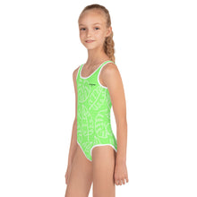 Load image into Gallery viewer, SUCCESS WIRE Lime Breeze Swimsuit for Little Girls with White Tropical Leaves (2T-7)