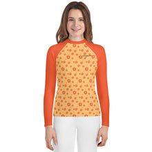 Load image into Gallery viewer, SUCCESS WIRE Power Flower Chardonnay Orange Rash Guard for Big Girls (8-20)