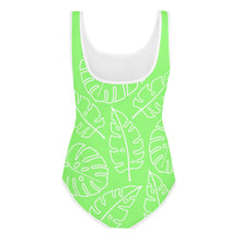 Load image into Gallery viewer, SUCCESS WIRE Lime Breeze Swimsuit for Big Girls with White Tropical Leaves (8-20)