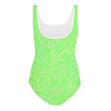 Load image into Gallery viewer, SUCCESS WIRE Lime Breeze Swimsuit for Big Girls with Pastel Tropical Leaves (8-20)