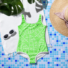 Load image into Gallery viewer, SUCCESS WIRE Lime Breeze Swimsuit for Big Girls with White Tropical Leaves (8-20)