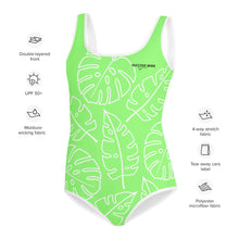 Load image into Gallery viewer, SUCCESS WIRE Lime Breeze Swimsuit for Big Girls with White Tropical Leaves (8-20)