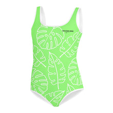 Load image into Gallery viewer, SUCCESS WIRE Lime Breeze Swimsuit for Big Girls with White Tropical Leaves (8-20)