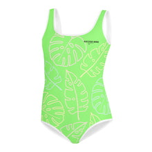 Load image into Gallery viewer, SUCCESS WIRE Lime Breeze Swimsuit for Big Girls with Pastel Tropical Leaves (8-20)