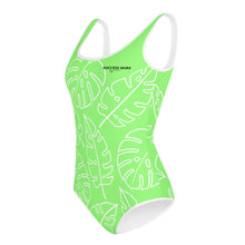 Load image into Gallery viewer, SUCCESS WIRE Lime Breeze Swimsuit for Big Girls with White Tropical Leaves (8-20)