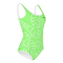 Load image into Gallery viewer, SUCCESS WIRE Lime Breeze Swimsuit for Big Girls with White Tropical Leaves (8-20)