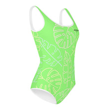 Load image into Gallery viewer, SUCCESS WIRE Lime Breeze Swimsuit for Big Girls with Pastel Tropical Leaves (8-20)