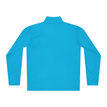 Load image into Gallery viewer, Back of SUCCESS WIRE 'atomic blue' quarter zip pullover on a white background