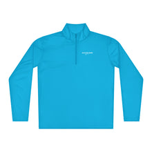 Load image into Gallery viewer, SUCCESS WIRE 'atomic blue' quarter zip pullover with SUCCESS WIRE logo on white background