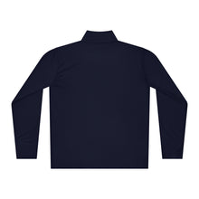 Load image into Gallery viewer, Back of SUCCESS WIRE navy quarter zip pullover on white background