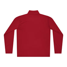 Load image into Gallery viewer, Back of SUCCESS WIRE Red Quarter zip pullover on a white background