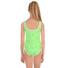 Load image into Gallery viewer, SUCCESS WIRE Lime Breeze Swimsuit for Little Girls with White Tropical Leaves (2T-7)
