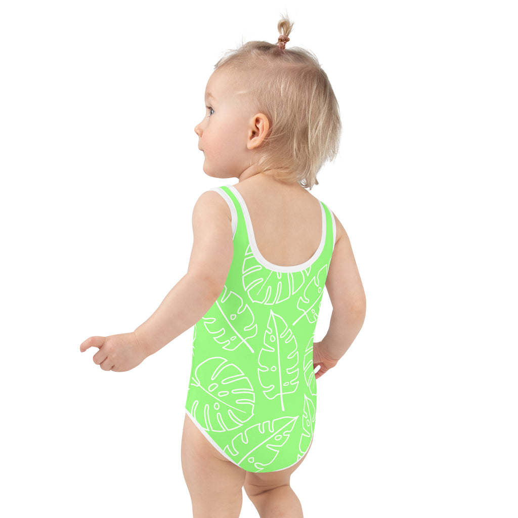 SUCCESS WIRE Lime Breeze Swimsuit for Little Girls with White Tropical Leaves (2T-7)