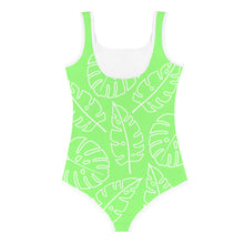 Load image into Gallery viewer, SUCCESS WIRE Lime Breeze Swimsuit for Little Girls with White Tropical Leaves (2T-7)
