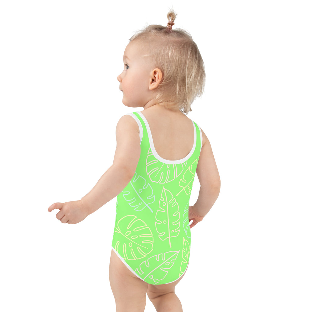SUCCESS WIRE Lime Breeze Swimsuit for Little Girls with Pastel Tropical Leaves (2T-7)