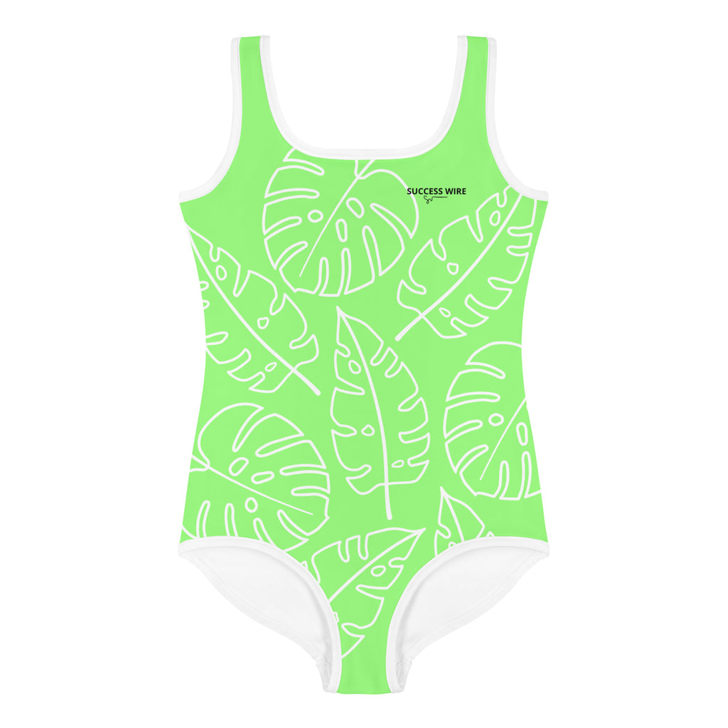 SUCCESS WIRE Lime Breeze Swimsuit for Little Girls with White Tropical Leaves (2T-7)