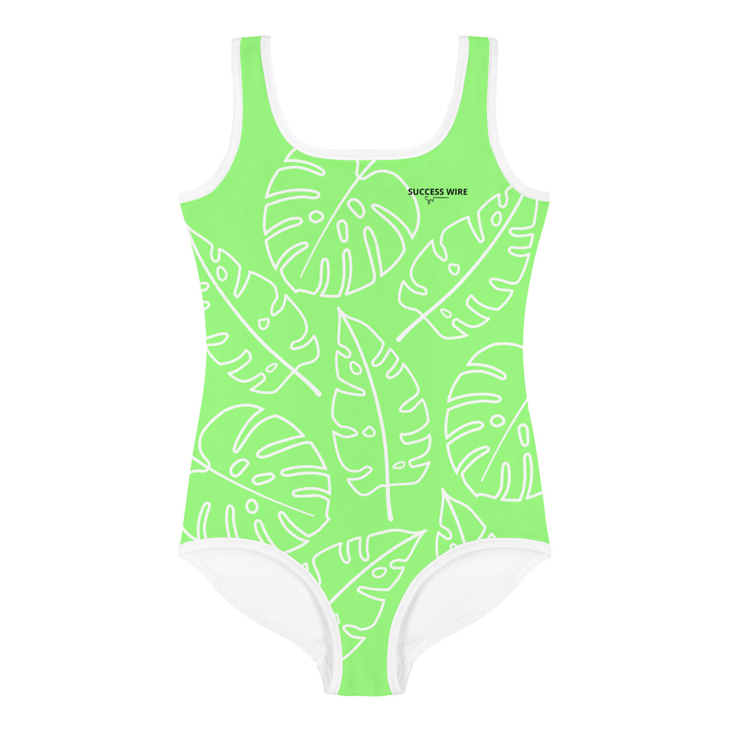 SUCCESS WIRE Lime Breeze Swimsuit for Little Girls with White Tropical Leaves (2T-7)