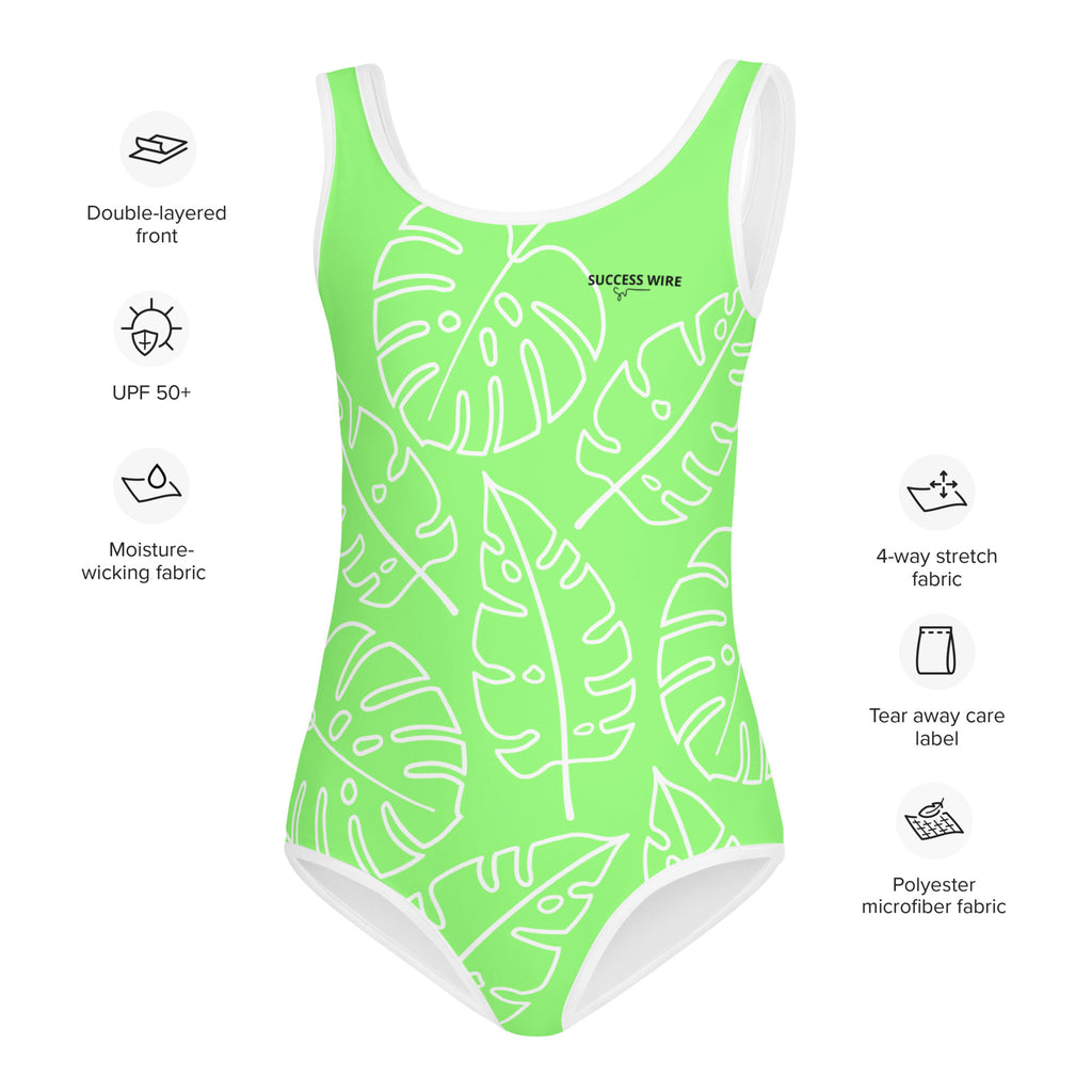 SUCCESS WIRE Lime Breeze Swimsuit for Little Girls with White Tropical Leaves (2T-7)