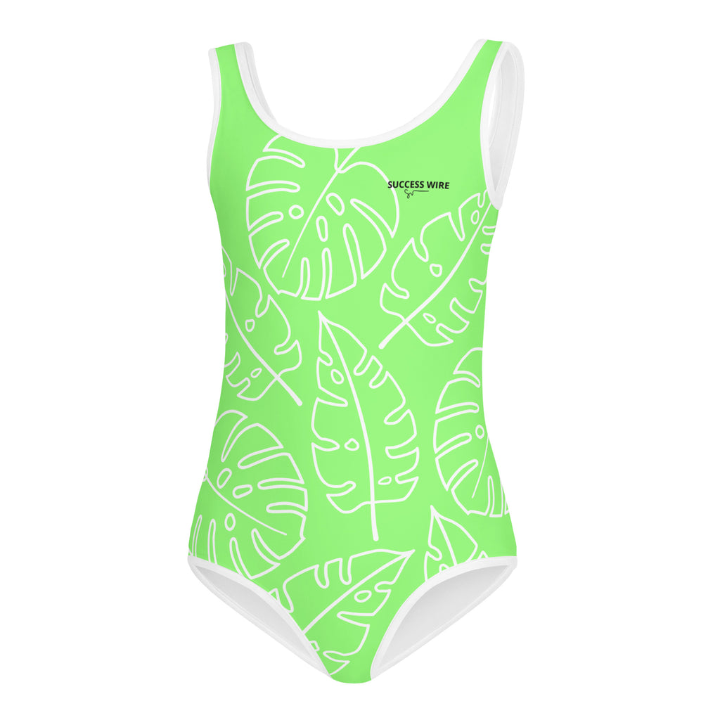 SUCCESS WIRE Lime Breeze Swimsuit for Little Girls with White Tropical Leaves (2T-7)
