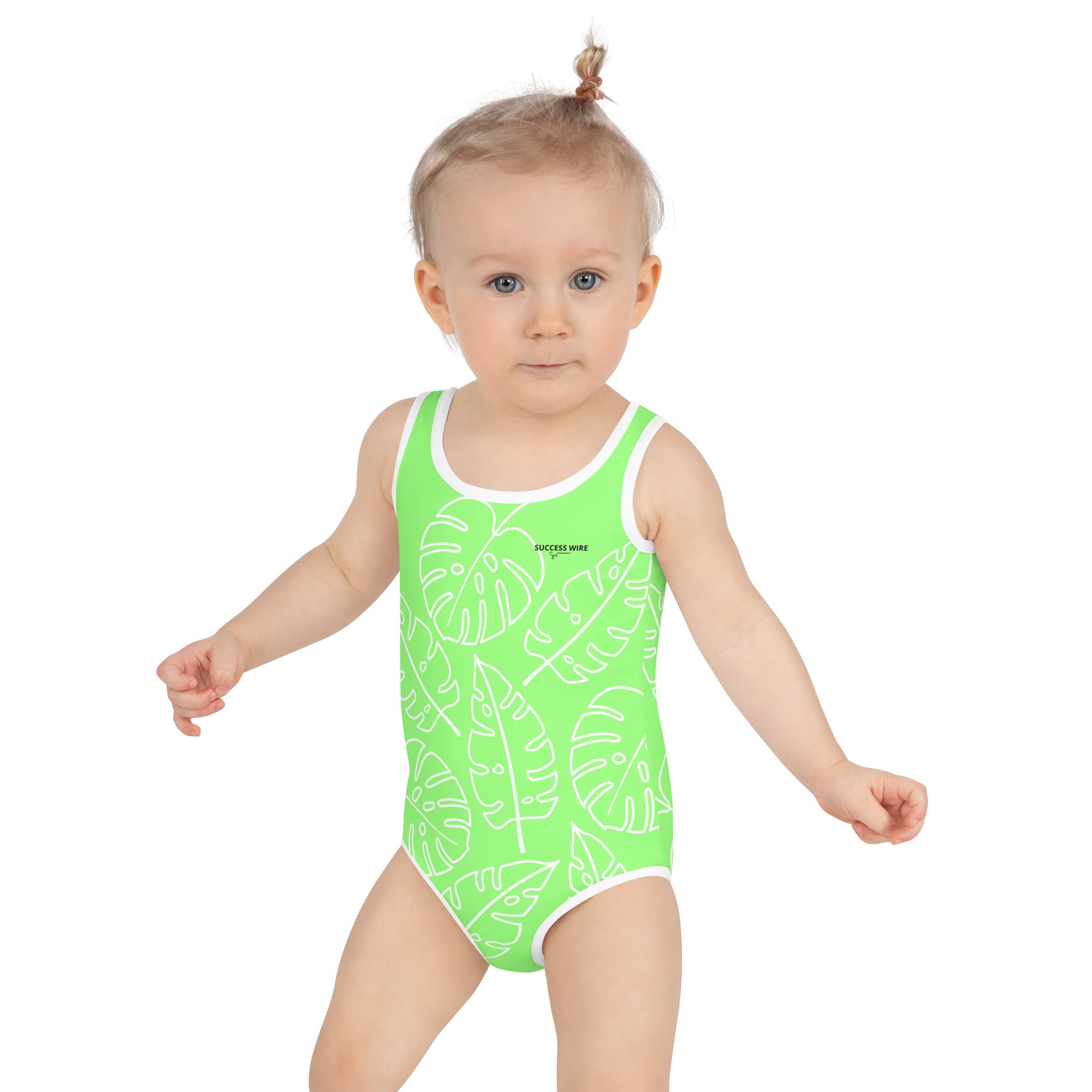 SUCCESS WIRE Lime Breeze Swimsuit for Little Girls with White Tropical Leaves (2T-7)