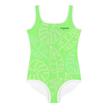 Load image into Gallery viewer, SUCCESS WIRE Lime Breeze Swimsuit for Little Girls with Pastel Tropical Leaves (2T-7)
