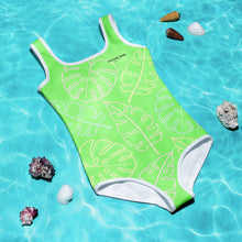 Load image into Gallery viewer, SUCCESS WIRE Lime Breeze Swimsuit for Little Girls with Pastel Tropical Leaves (2T-7)
