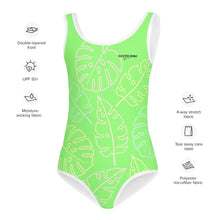 Load image into Gallery viewer, SUCCESS WIRE Lime Breeze Swimsuit for Little Girls with Pastel Tropical Leaves (2T-7)
