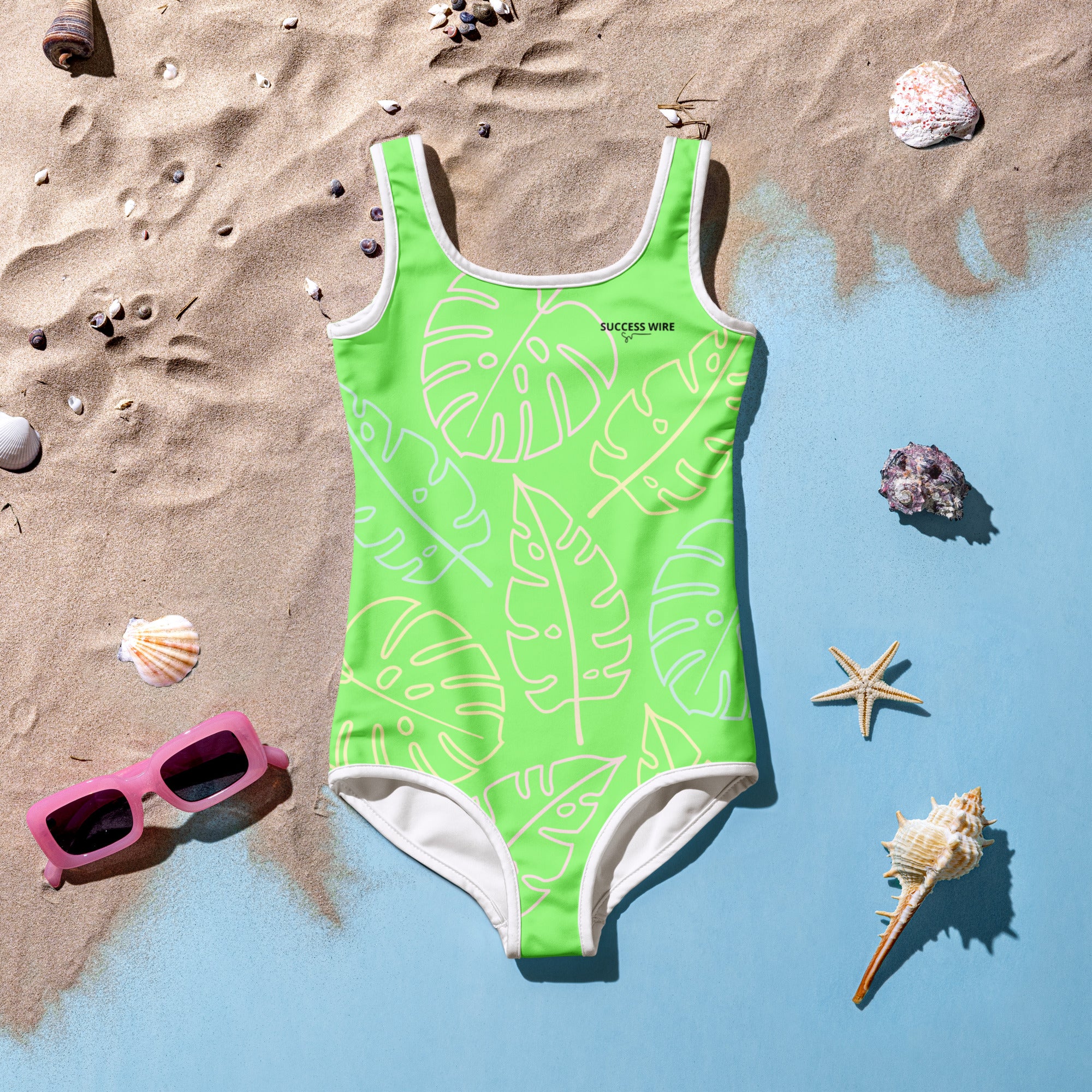 SUCCESS WIRE Lime Breeze Swimsuit for Little Girls with Pastel Tropical Leaves (2T-7)