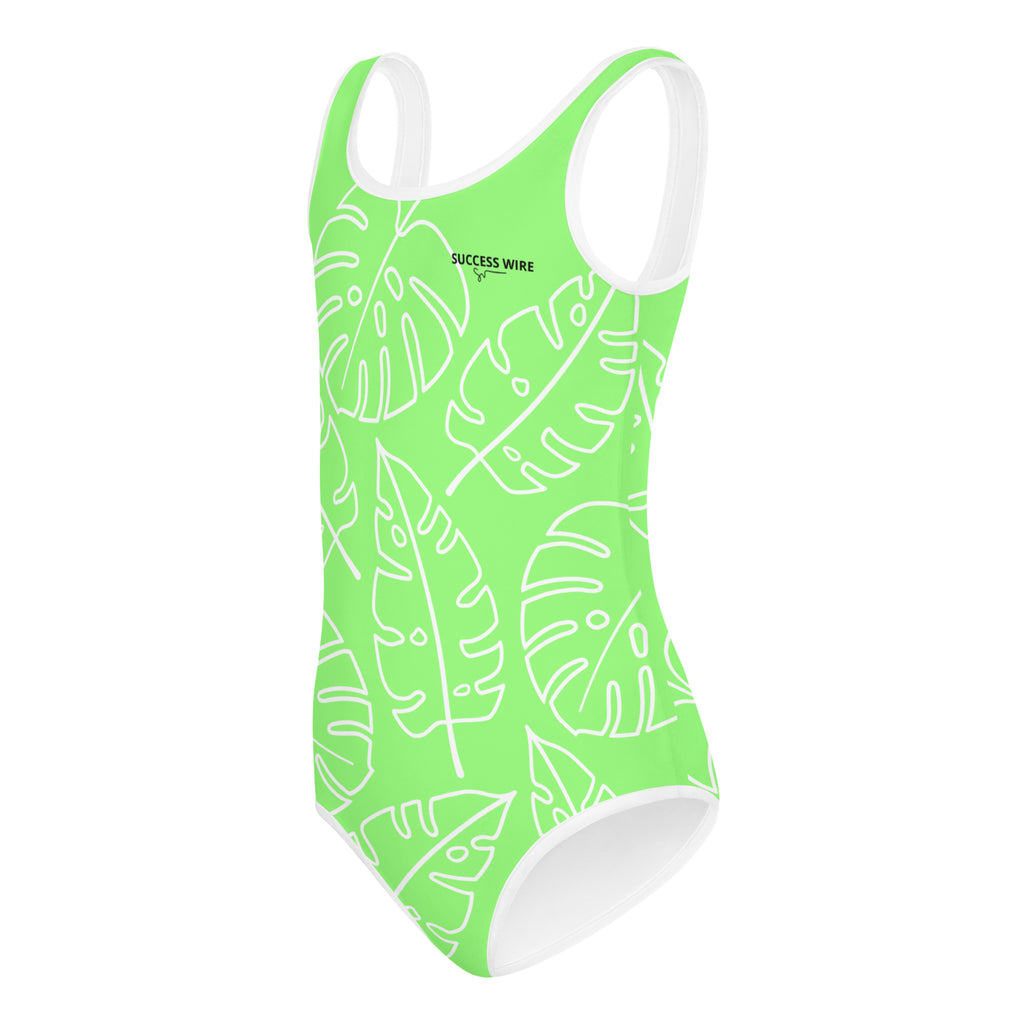 SUCCESS WIRE Lime Breeze Swimsuit for Little Girls with White Tropical Leaves (2T-7)