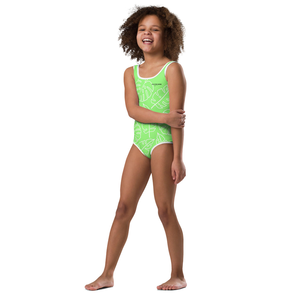 SUCCESS WIRE Lime Breeze Swimsuit for Little Girls with White Tropical Leaves (2T-7)