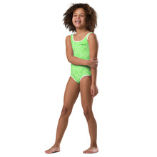 Load image into Gallery viewer, SUCCESS WIRE Lime Breeze Swimsuit for Little Girls with White Tropical Leaves (2T-7)
