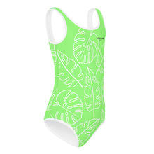 Load image into Gallery viewer, SUCCESS WIRE Lime Breeze Swimsuit for Little Girls with White Tropical Leaves (2T-7)
