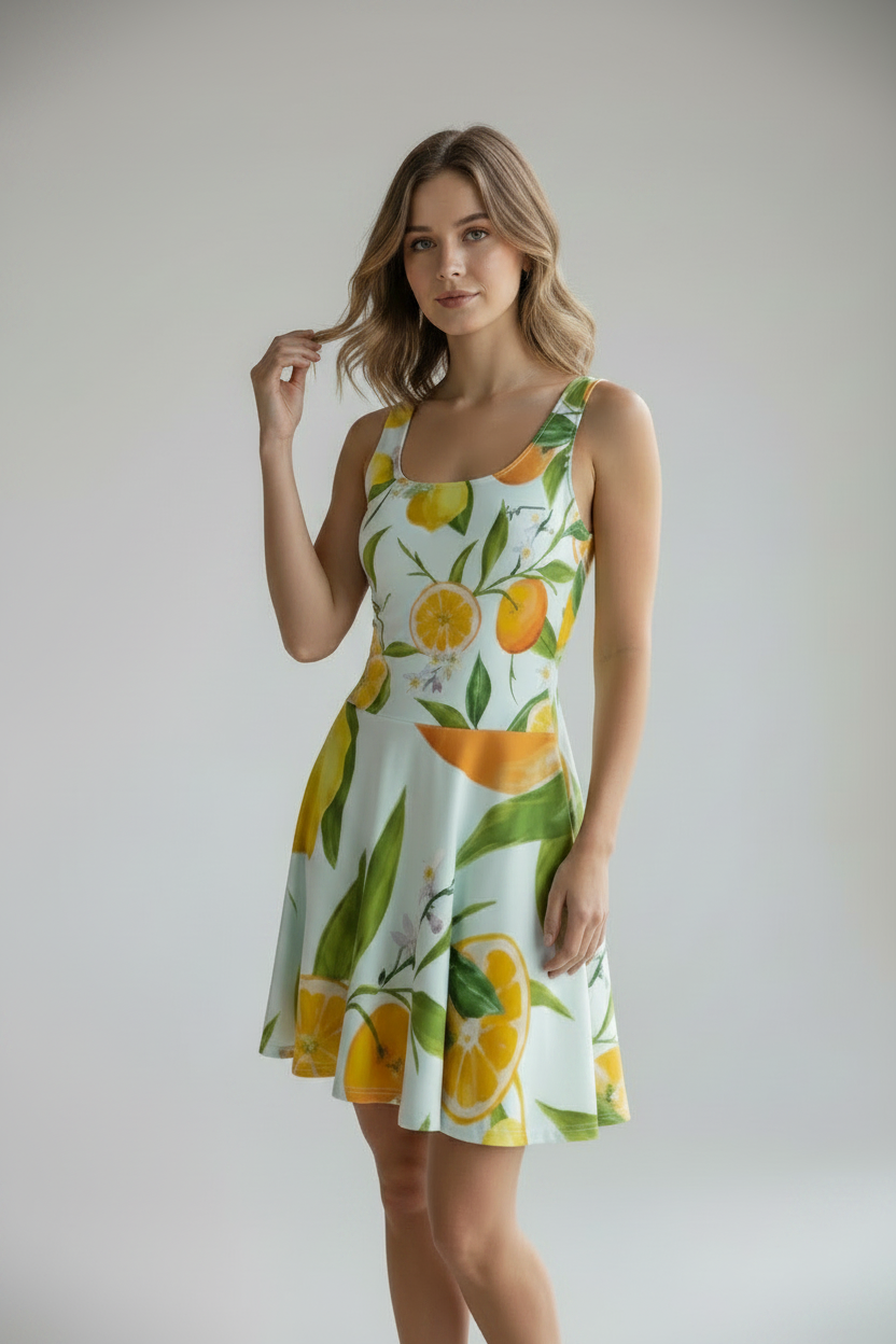 Woman wearing a SUCCESS WIRE dress with lemon and orange print against a plain background
