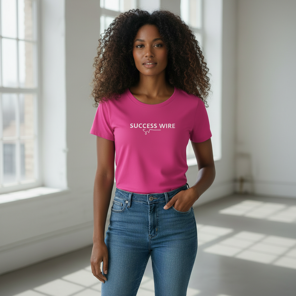 Woman wearing a pink t-shirt with 'SUCCESS WIRE' text in a bright room.