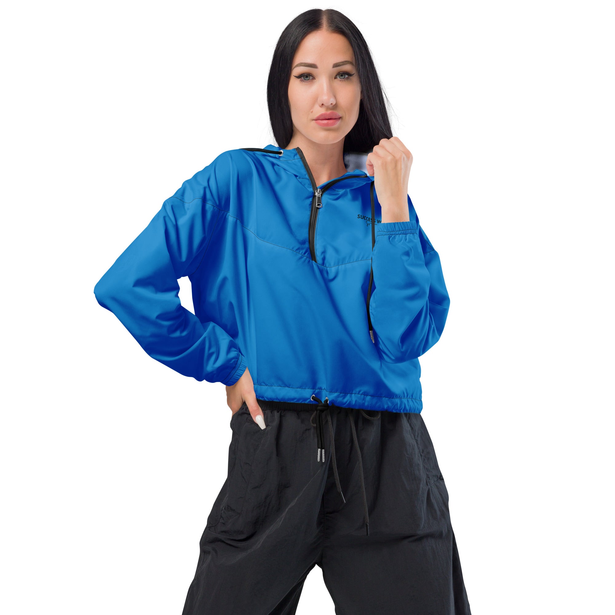 SUCCESS WIRE Dazzling Blue Electric Cropped  Windbreaker for Women (Black Logo)