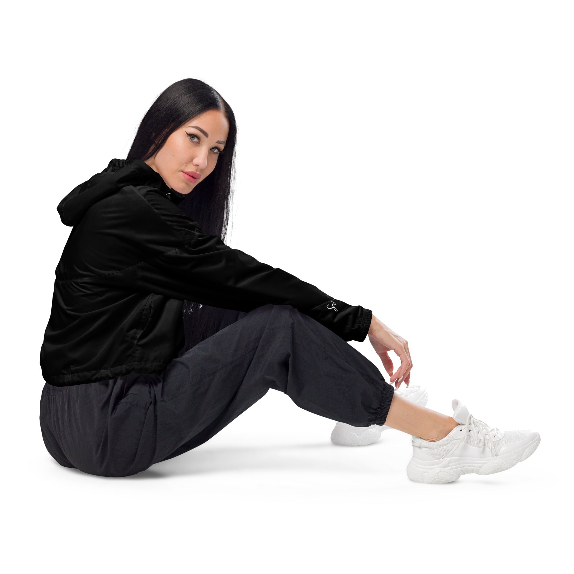 SUCCESS WIRE Powerpack Black Cropped Windbreaker for Women (White Logo)