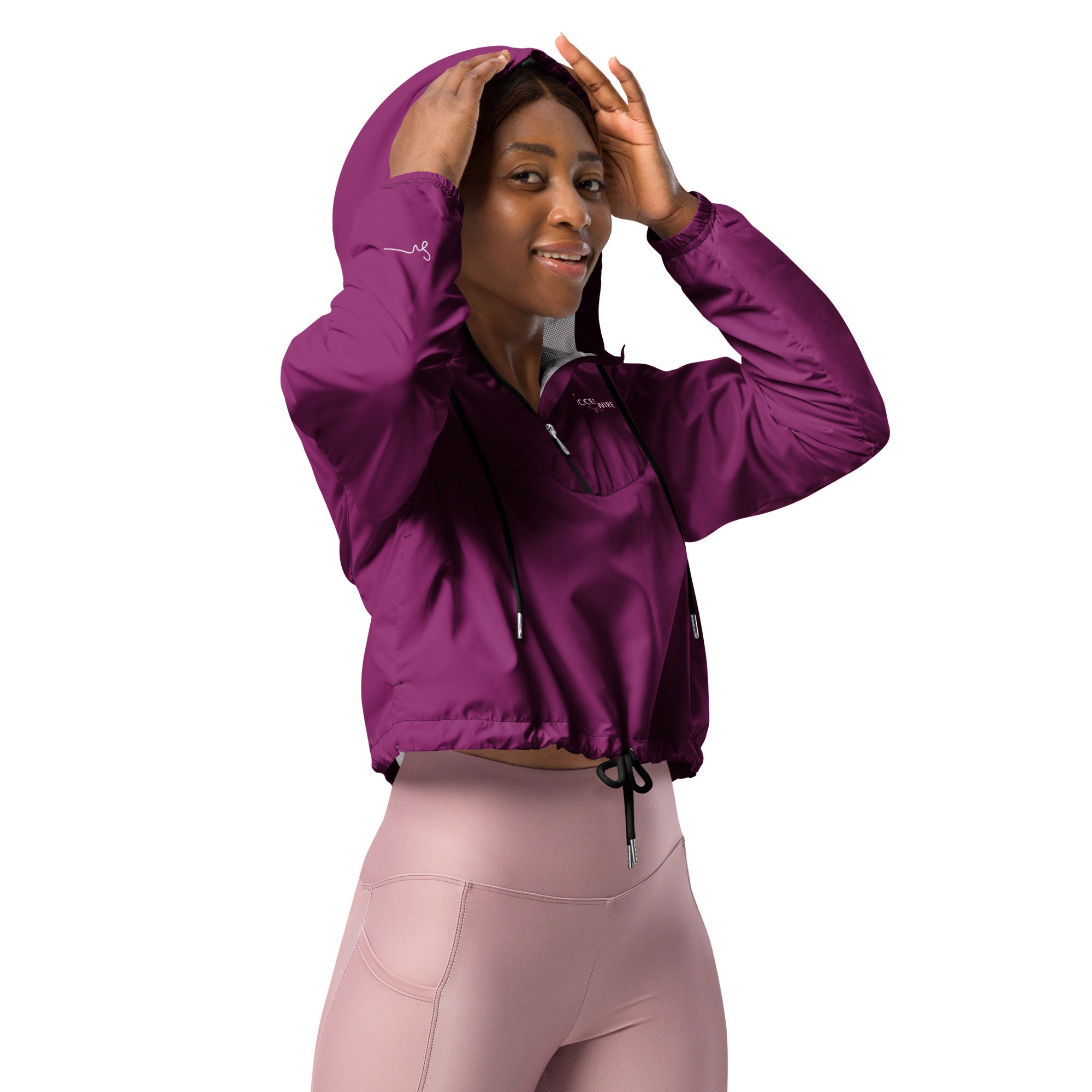 SUCCESS WIRE Eggplant Purple Boost Cropped Windbreaker for Women (White Logo)