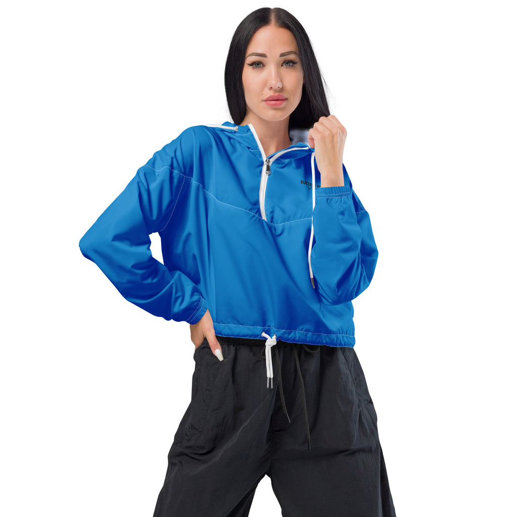 SUCCESS WIRE Dazzling Blue Electric Cropped  Windbreaker for Women (Black Logo)