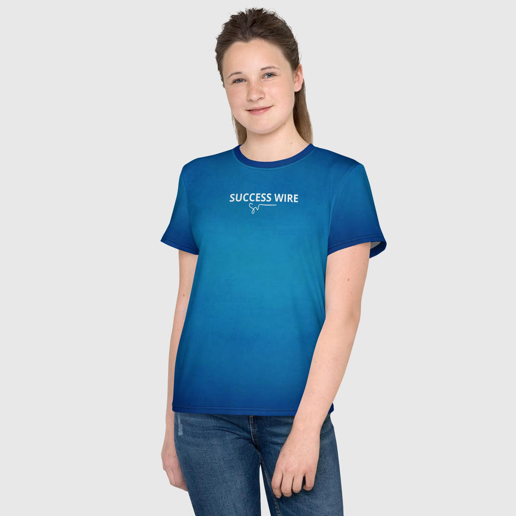 SUCCESS WIRE Unisex Blue Glow Crew Neck T-Shirt for Big Kids (8-20) w/White Logo