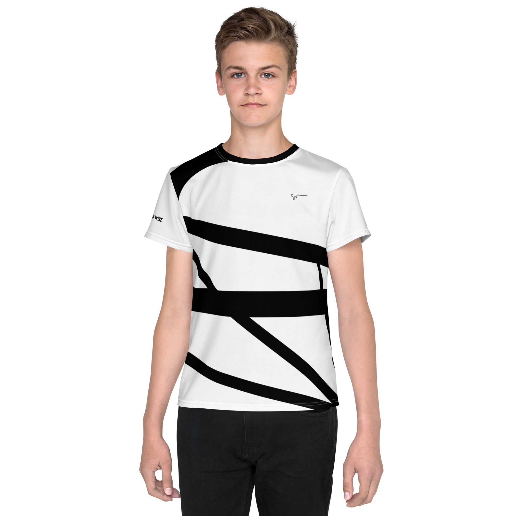 SUCCESS WIRE Abstract Black and White Crew Neck Unisex T-shirt for Big Kids (8-20)