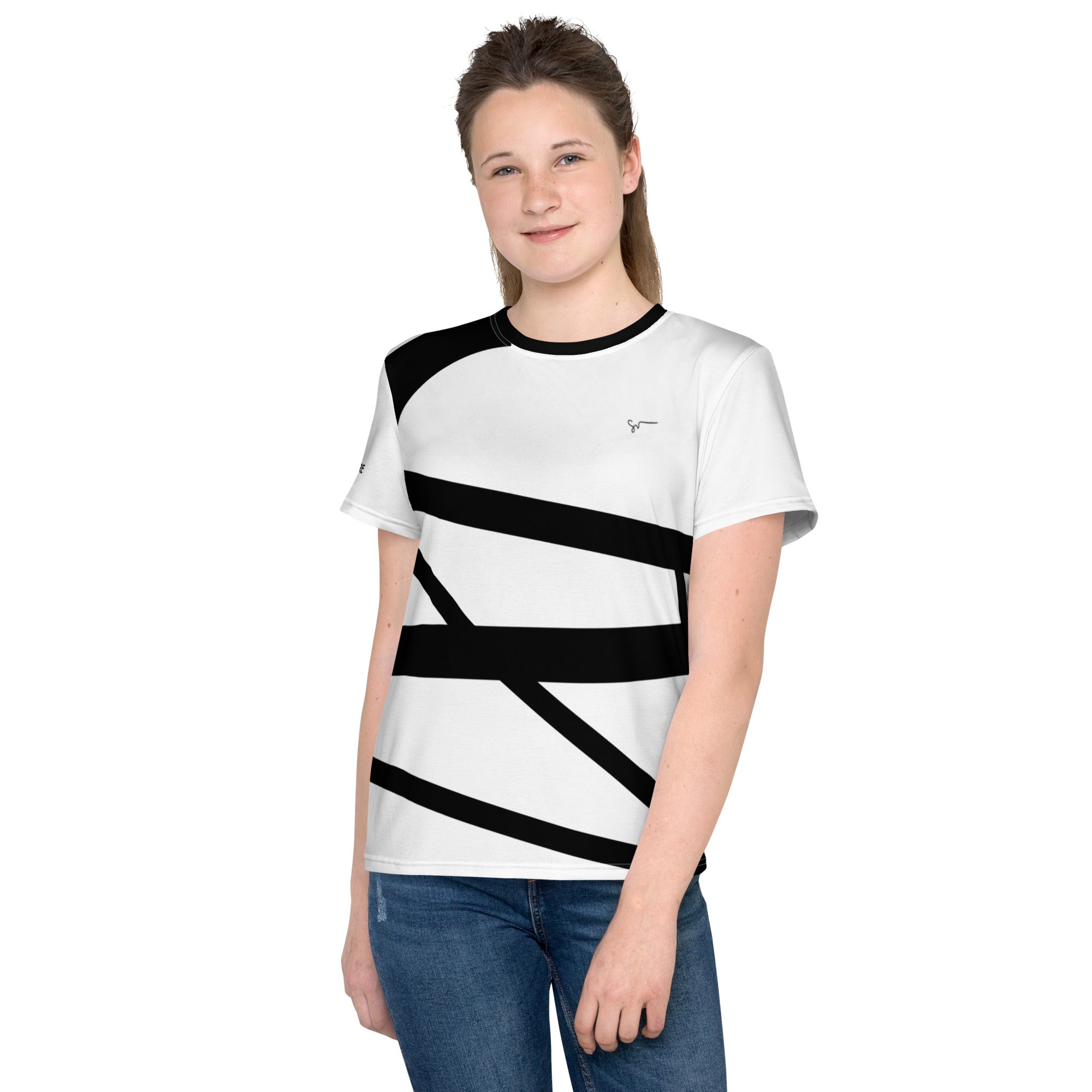SUCCESS WIRE Abstract Black and White Crew Neck Unisex T-shirt for Big Kids (8-20)